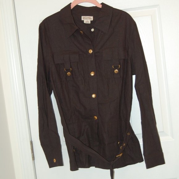 Michael Kors Women's Brown Linen/Rayon Safari Style Jacket W/Belt Size 14 - Picture 2 of 11